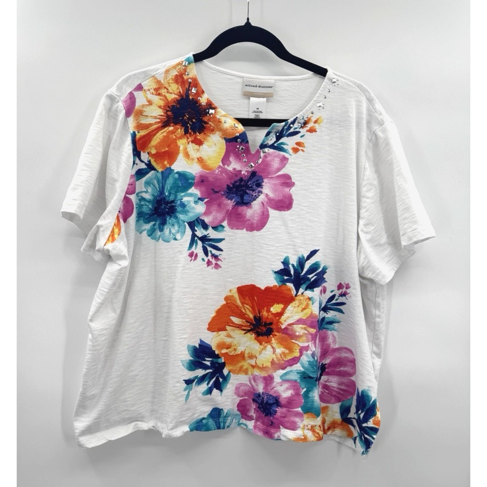 Alfred Dunner Women 2x Top Calypso Floral Cotton Breathable Notch Neck Bling Tee
